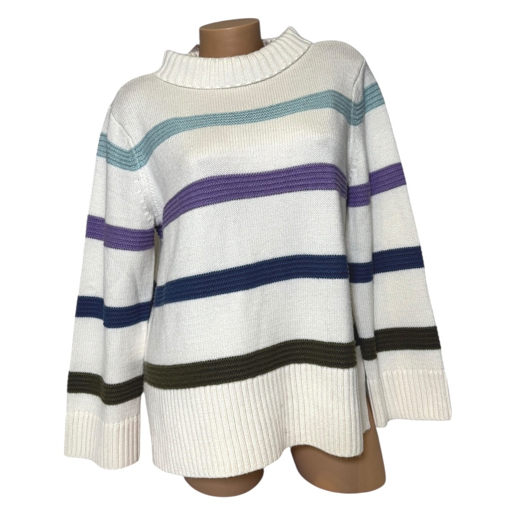 Talbots‎ Womens Size LP Striped Mock Neck Sweater Cream Purple Blue Green